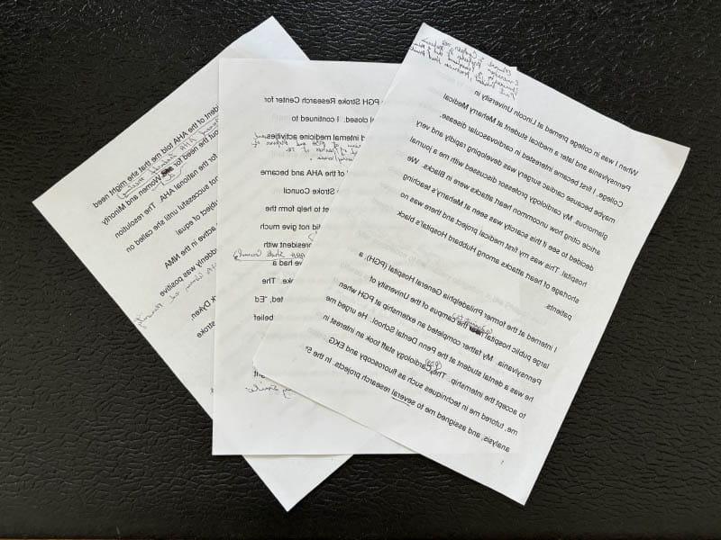 The six-page document Dr. Edward Cooper wrote about his life and career in preparation for the interview with American Heart Association News. (Photo by Jaime Aron/American Heart Association)