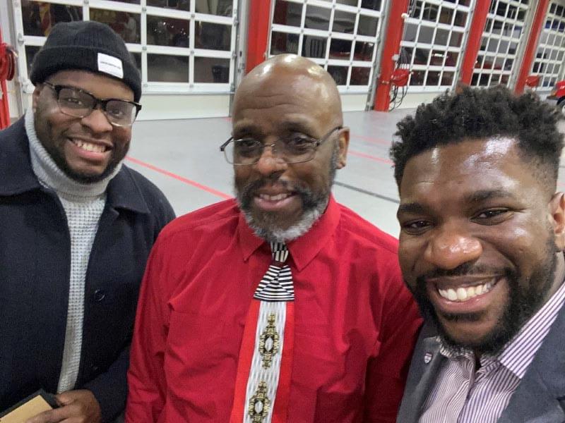 Chris Holton (center) collapsed on a trail during a walk and was saved by two cyclists, Bryan Buckley (left) and Isang Isang, with bystander CPR. (American Heart Association)